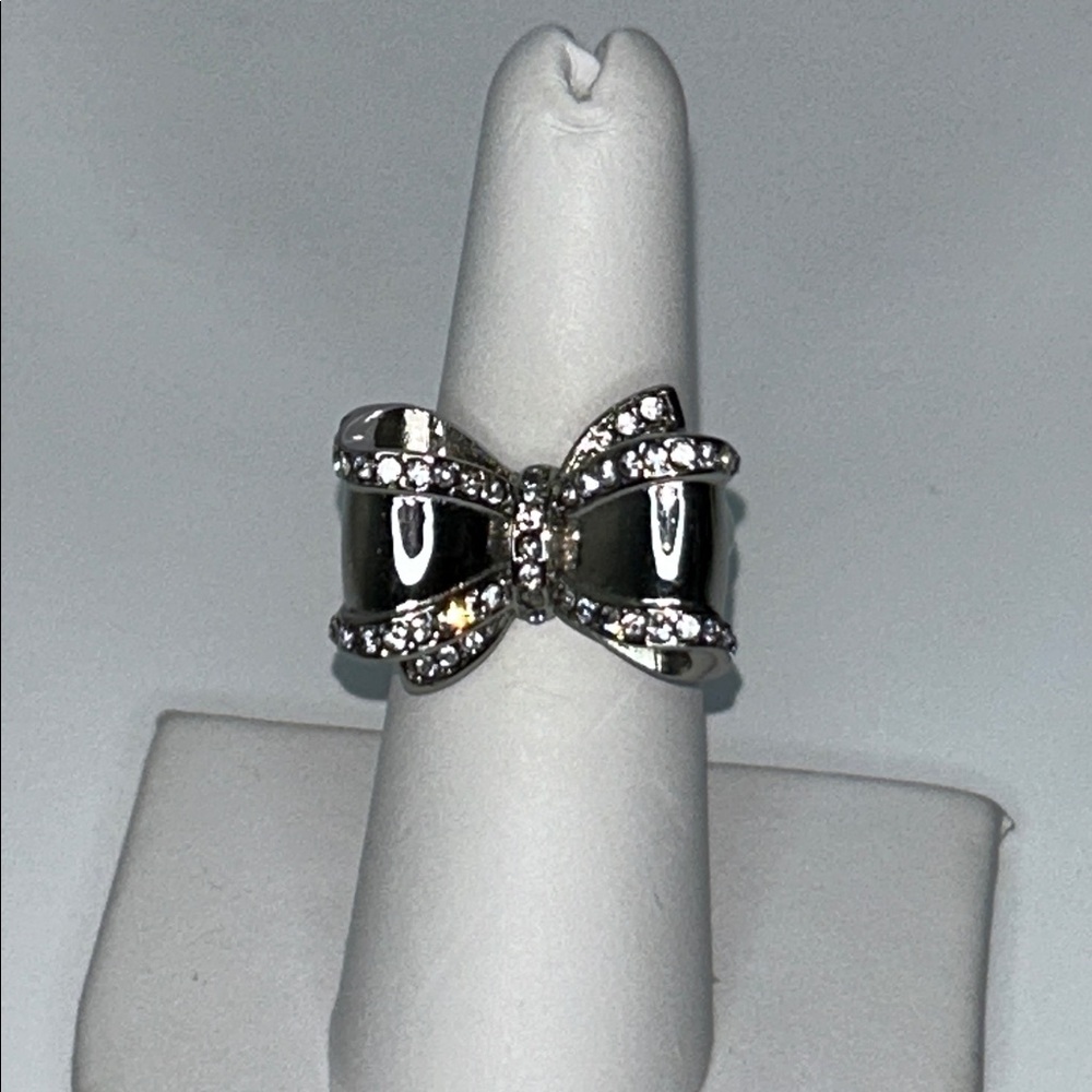 NWOT Stately Steel Designer Stainless Steel  Bow Ring With Crystal Accents Boho